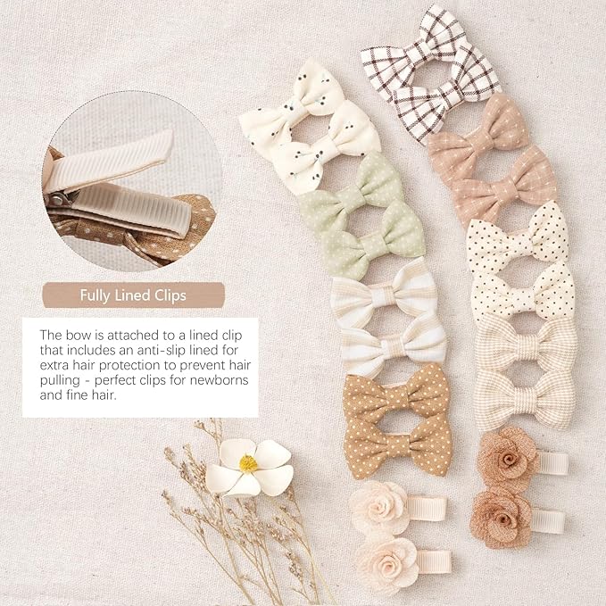 Baby Girls Hair Bow Clips,Tiny Bows Cotton Fully Lined Hair Clips Fine Hair for Girls Infants Toddlers 20pcs