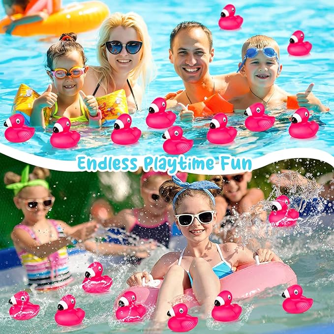Flamingo Rubber Duckies for Kids, 12PCS Pink Flamingo Duck Bath Toys Cute Floating Squeaky Mini Rubber Ducks for Baby Shower, Cake Decoration, Classroom Carnival Prizes