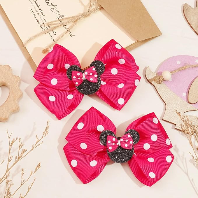 2 Pairs Rose Red Mouse Ears Hair Clips & Mouse Hair Bows Barrettes for baby Girls Accessories Birthday Party Decorations Gift