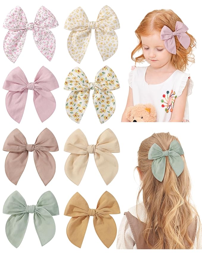 doboi 8PCS Baby Girls Hair Clips Fable Hair Bows Cotton Linen Bows for Girls Hair Accessories for Baby Toddlers Kids-Floral