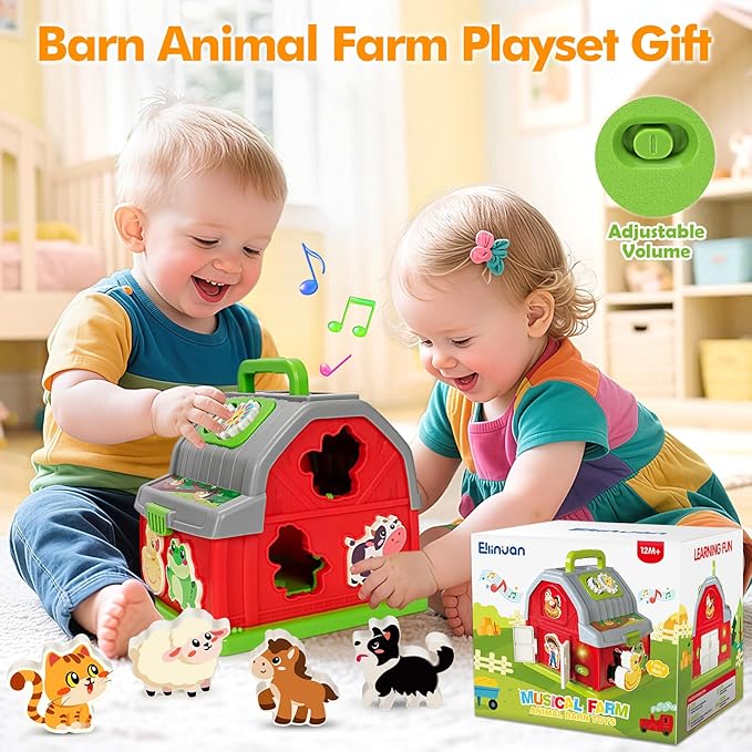 Ellinjan Montessori Learning Toys for 1 2 3 Year Old Boys Girls, Musical Farm Animals for Toddlers 1-3, Interactive Barn Toy with Light & Sound, Birthday Gifts for Baby Kid Toddler Age 12-18 Months
