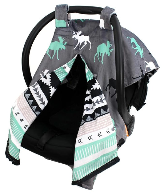 Dear Baby Gear Car Seat Cover for Boys & Girls - Baby Carseat Canopy w/Snap Opening - Infant Seat Cover - Stroller & Nursing Covers - Newborn Carrier Canopy - 40x30 (Mint Moose, Black Grey Aztec)