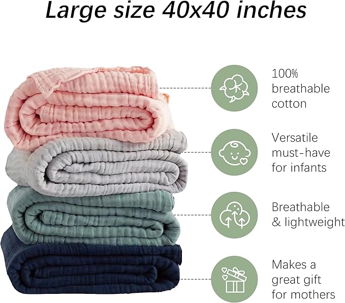 SWEET DOLPHIN Muslin Baby Bath Towels Blanket - 2 Pack 100% Cotton Towel for Babies, Infants, Toddlers - 40x40Inch - Highly Absorbent, Grey