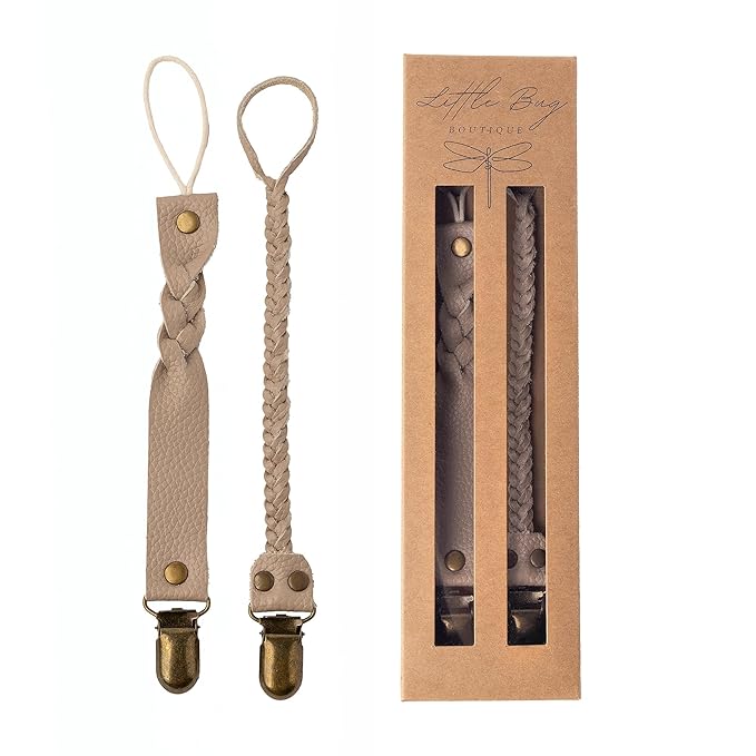 Little Bug Boutique 2-Pack Leather Baby Pacifier Clips - Neutral Pacifier Holders for Baby Girls & Boys, Paci & Binky Clips or Strap for Toys & Teethers (Soft Beige), Pacifier NOT Included