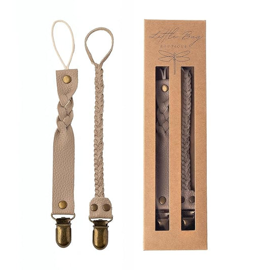 Little Bug Boutique 2-Pack Leather Baby Pacifier Clips - Neutral Pacifier Holders for Baby Girls & Boys, Paci & Binky Clips or Strap for Toys & Teethers (Soft Beige), Pacifier NOT Included