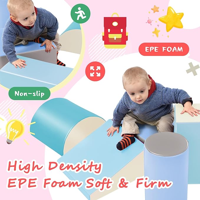 5 Piece Climb and Crawl Activity PlaySet, Including Slide Ramp,Cylinder Block and Semicircle Block,Soft Foam Indoor Active Playset for Stacking Crawling and Sliding at Home