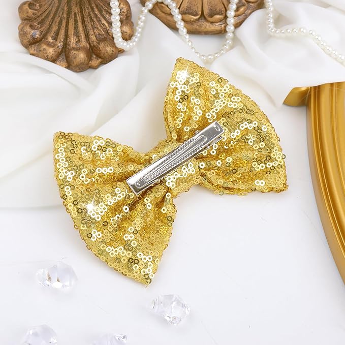 Hair Bows for Girls - Alligator Hair Clips, Sequin Big Bows for Babies, Toddlers, and Teens - Gold Bow Hair Accessories