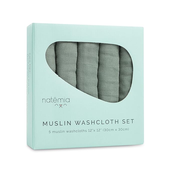 Natemia Muslin Baby Washcloths for Newborn - Premium Wash Cloths for Babies, Super Absorbent and Ultra Soft Rayon Made from Bamboo, 6 Layer Baby Girl and Baby Boy Washcloths, 5 Piece Set