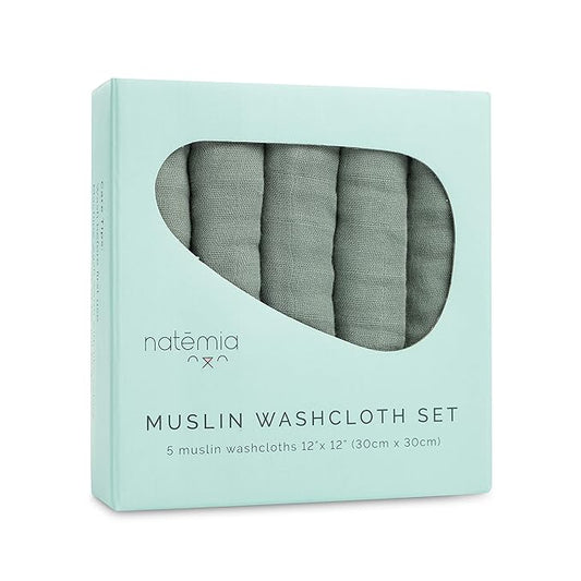 Natemia Muslin Baby Washcloths for Newborn - Premium Wash Cloths for Babies, Super Absorbent and Ultra Soft Rayon Made from Bamboo, 6 Layer Baby Girl and Baby Boy Washcloths, 5 Piece Set