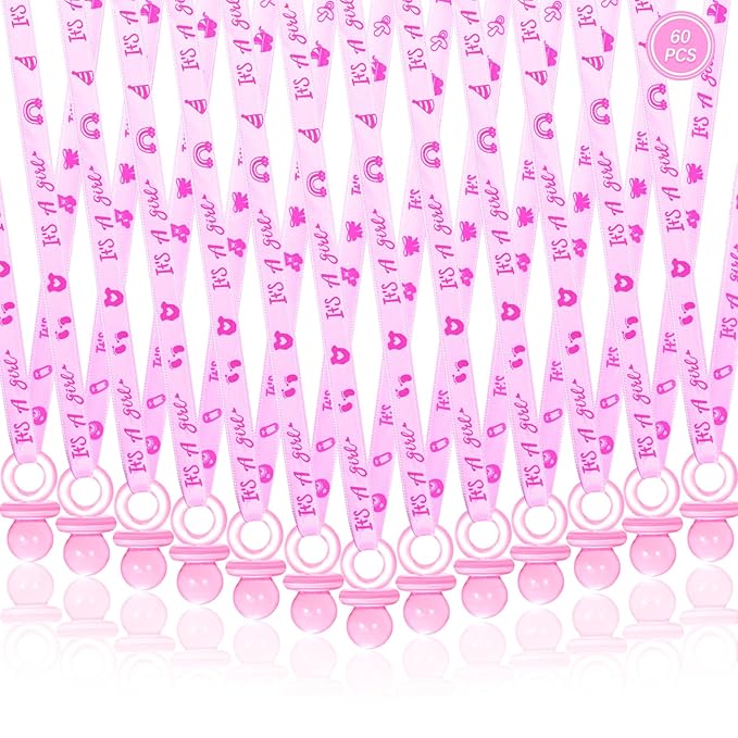 60 Pcs Baby Shower Pacifiers Necklace, Cute Acrylic Pacifier Necklaces for Chupones para Baby Shower Games Charm, Party Favors, Decorations DIY, Gender Reveal Table Scatter(Pink)