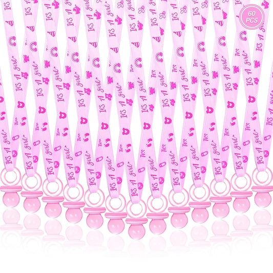 60 Pcs Baby Shower Pacifiers Necklace, Cute Acrylic Pacifier Necklaces for Chupones para Baby Shower Games Charm, Party Favors, Decorations DIY, Gender Reveal Table Scatter(Pink)