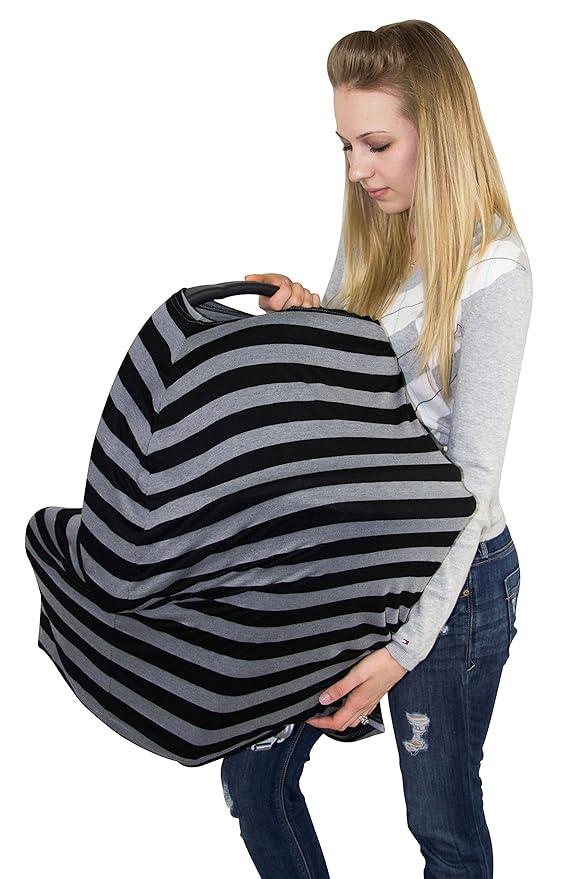 JLIKA Baby Car Seat Covers - Stretchy Infant Canopy and Nursing Cover for Breastfeeding Newborns Infants Babies Girls Boys Best Shower Gift Maternity Apron Infinity Scarf carseats (Black/Gray Stripe)