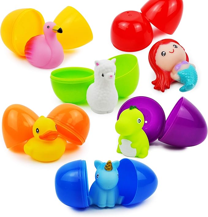 JOYIN 6 Pcs Pre-Filled Easter Eggs with Light-up Floating Bath Toys for Kids Toddler Eggs Hunt, Basket Stuffers/Fillers, Filling Treats, Party Favor, Classroom Prize Supplies