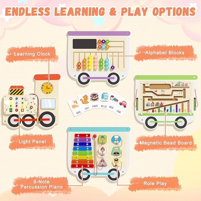 Spacocld Montessori Sensory Board - Electric Train Wooden Wall Busy Board, Toddler Learning Panel Wall-Mounted, Educational Toys for 3-6 Years, Interactive Playroom Activity Gifts for Kid