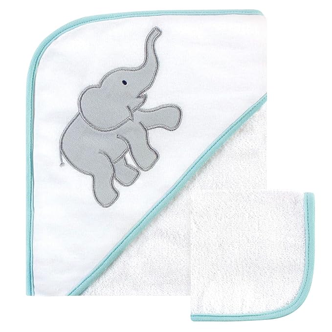 Luvable Friends Unisex Baby Cotton Hooded Towel and Washcloth, Gray Elephant, One Size