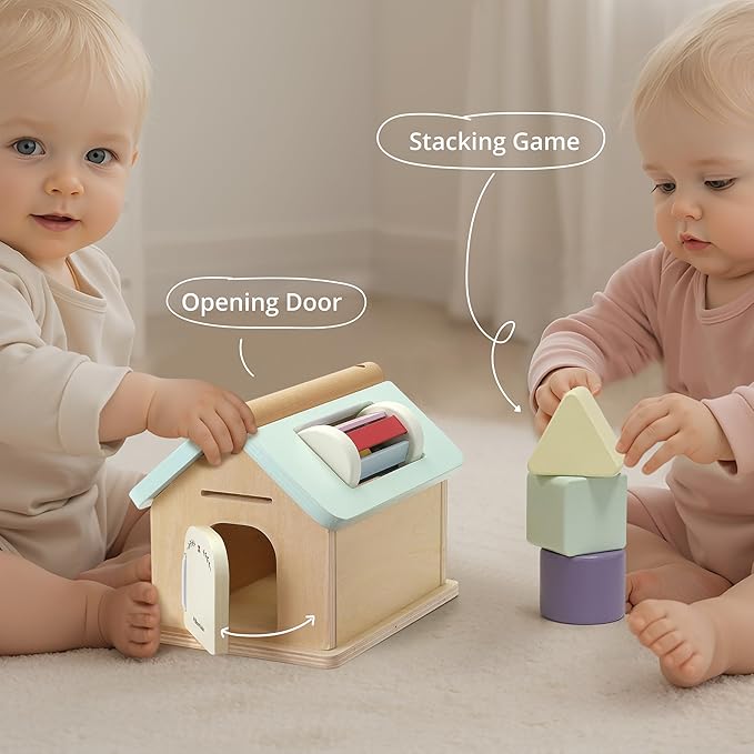 Pillowhale Montessori Activity Cube for Toddlers 1+, Wooden 5-in-1 Learning Toy with Object Permanence Box, Shape Sorting & Stacking, Fine Motor Skills Toy for Baby Boys Girls
