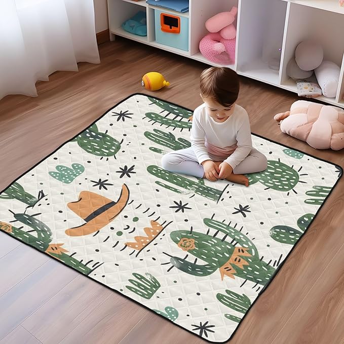 Baby Play Mat Green Cactus Cowboy Boho 50 x 50 Playpen Mat Baby Play Mats for Floor Play Gym Crawling Mat Non-Slip Cushioned Baby Playmat for Infants, Babies, Toddlers