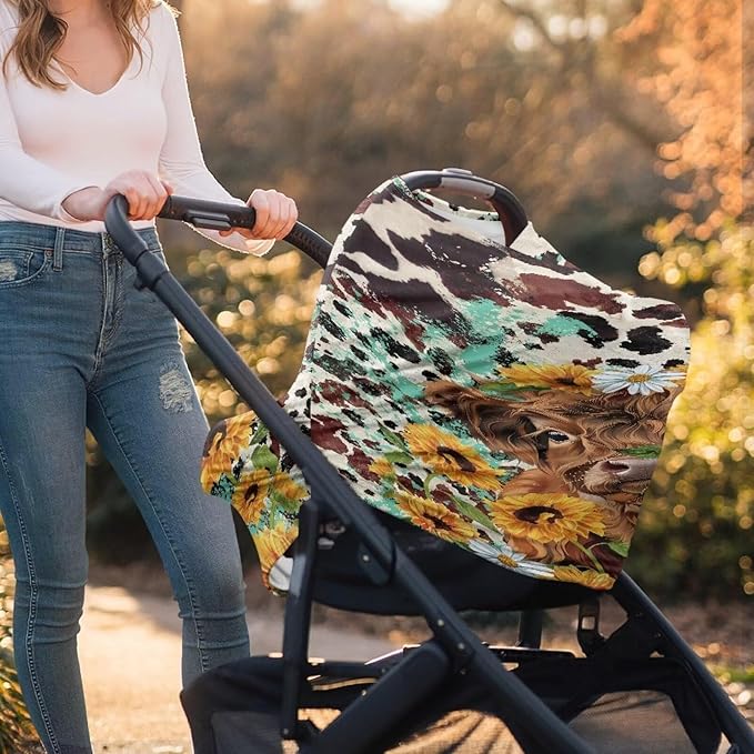Wanyint Highland Cow Sunflower Baby Car Seat Covers Nursing Scarf Car Seat Canopy Shopping Cart Cover and High Chair Cover Protect Babies and Breastfeeding Mothers