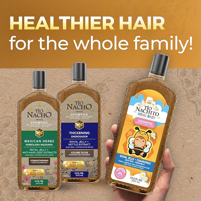 Tio Nacho Family Hair Care Bundle: Royal Baby Hair and Body Shampoo, Mexican Herbs Shampoo, Anti Hair Loss Thickening Volume Filler Shampoo with Royal Jelly & Rosemary, 14 oz each
