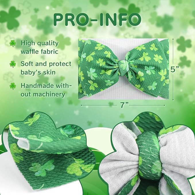 7” St Patricks Baby Girls Bows Shamrock Clover Headbands Green Leaves Tied Bows Hairbands St Patricks Day Hair Accessories Gift for Infant Baby Girls