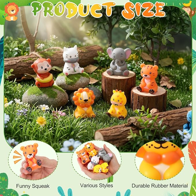 Blueweenly 48 Pcs Rubber Jungle Safari Animal Bulk Zoo Animal Figures Toys Wild Jungle Birthday Party Favors Zebra Elephant Monkey Lion Giraffe Bath Toys for Kids Birthday Baby Shower Classroom Prize