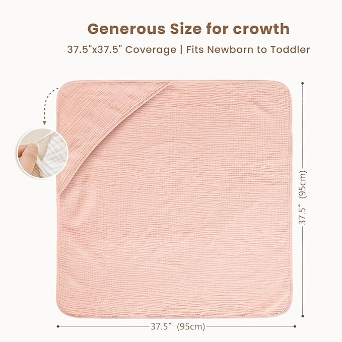 Konssy 2-Pack Muslin Hooded Baby Towels, 100% Cotton, Ultra-Soft & Absorbent Baby Bath Towels with Hood for Newborn & Infant (Pink, Floral,37.5" x 37.5")