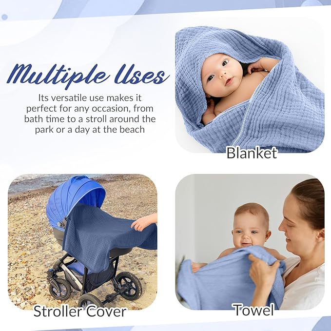 Hahafelt 6 Pcs Muslin Hooded Bath Towels Washcloths and Bibs Set, Muslin Cotton Baby Towels Absorbent Hooded Blanket Towel Infant Bibs for Boys Girls Newborn Infant Essential(Dark Blue, Light Blue)