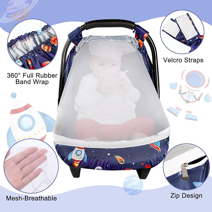 SWESEN Car Seat Covers for Babies, Carseat Cover Boy with Zipper, Cozy Sun & Summer Cover, Infant Car Seat Canopy, Carseat Privacy Cover with 2 Layers, Space Planet