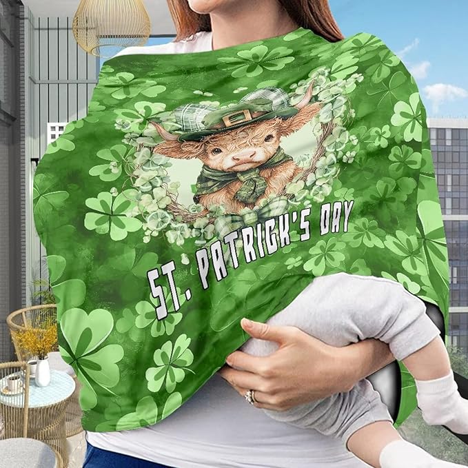 Wanyint Baby Car Seat Cover Cute Carseat Canopy for Babies Boys Girls Multi-Use Nursing Breastfeeding Covers Nursing Scarf for Saint Patrick's Day Decor, Highland Cow Clover Retro