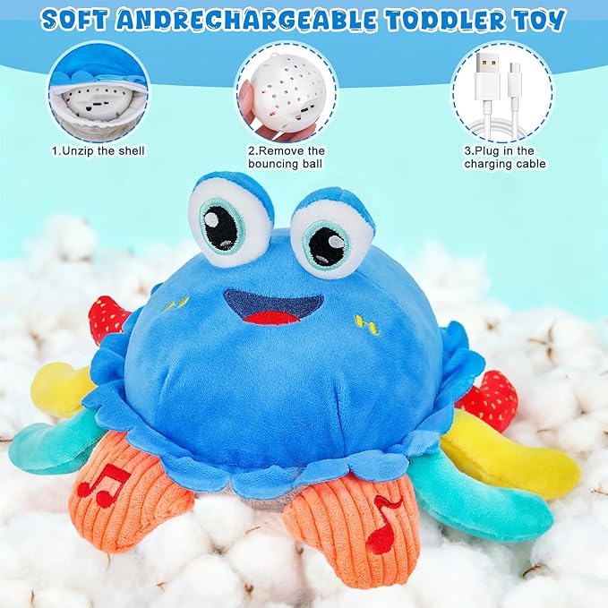 Baby Toys 1 Year Old 6-12 Month Tummy Time Toys Crawling Musical Crab Plush Toy Dancing Walking Moving Bouncing Sensory Toys for Toddlers, Valentine Gifts for Kids