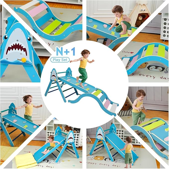 Pikler Triangle Set with Cushion 9 in 1, Climbing Toys for Toddlers 1-3, Montessori Indoor Baby Playground for Safe Motor Skills Development (Blue-Shark-Set)