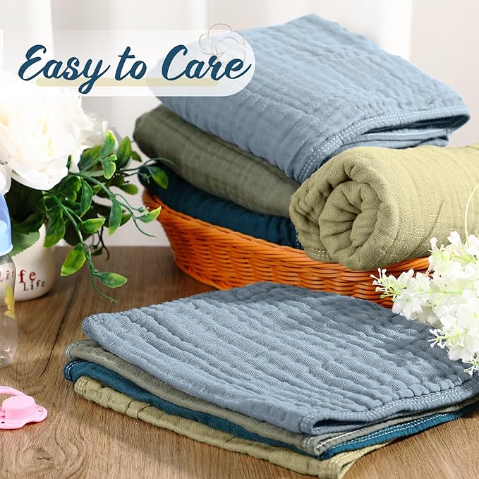 VitalCozy 8 Pcs Baby Muslin Hooded Bath Towels and Washcloths, Muslin Hooded Baby Towels Absorbent Blankets for Gift Newborn Infant Shower (Dark Green,Dark Blue)