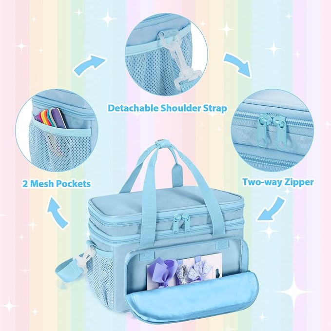 GRAOSO Hair Bow Organizer for Baby Girls, Double Layer Hair Accessories Storage Bag, Rainbow Sequins Design, with Handle and Detachable Shoulder Strap (Case only) (Blue)