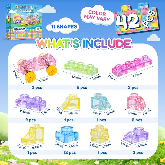 Soft Train Building Blocks with Wheels, 42 PCS Montessori Sensory Stacking Blocks, Toddler Learning Toy with Station, Squeezable, Stretchable & Stackable Tactile Toys, Preschool Creative Play for Kids