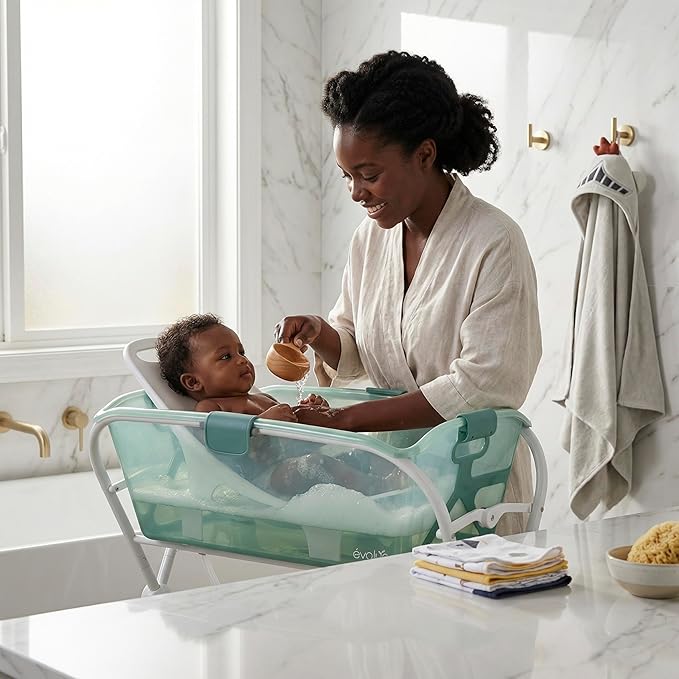 Evolur Supple Baby Spa Set with Infant Bathtub, Hammock Support Seat & Metal Frame, Newborn Tub for 0–12 Months, Complete Baby Care Essentials Gift Set for New Parents, Green