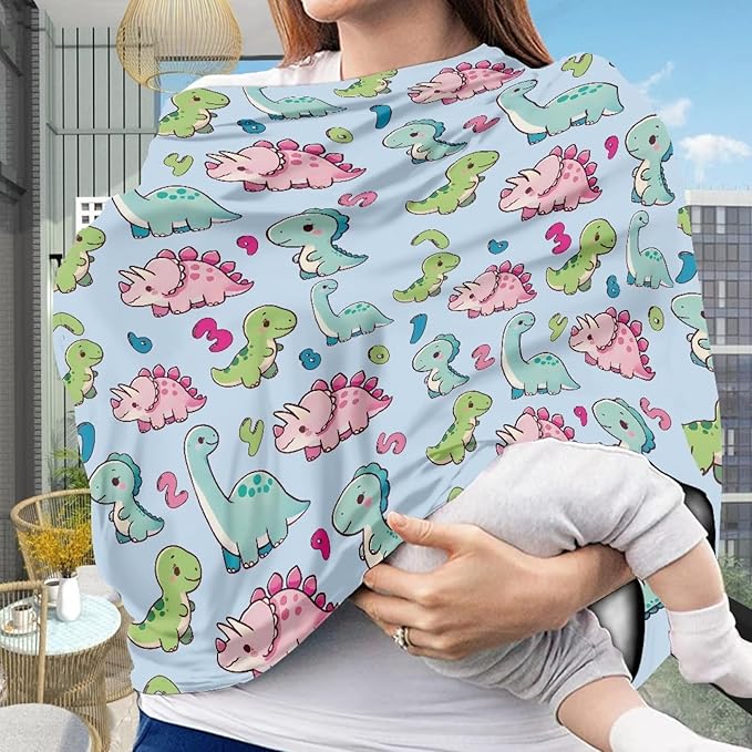 GIFTPUZZ Cartoon Dinosaur Nursing Cover for Breastfeeding Car Seat Cover Nursing Scarf Soft Car Seat Canopy Breathable Universal Nursing Cover Grocery Cart Cover Stroller Cover Dust Protector