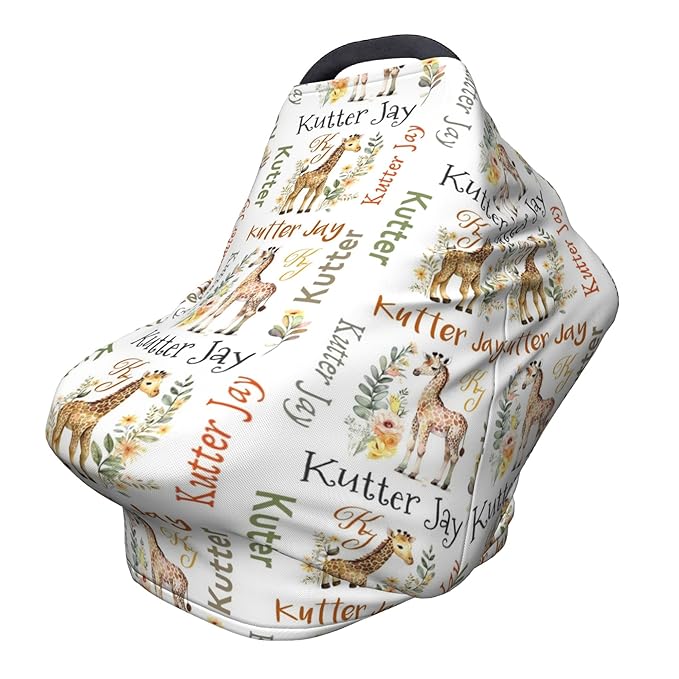 Personalized Giraffe Baby Car Seat Cover with Name,Multi-Use Canopy for Nursing, Strollers,Shopping Carts,Customized Breastfeeding Cover, Full Privacy,Infant Stroller Cover