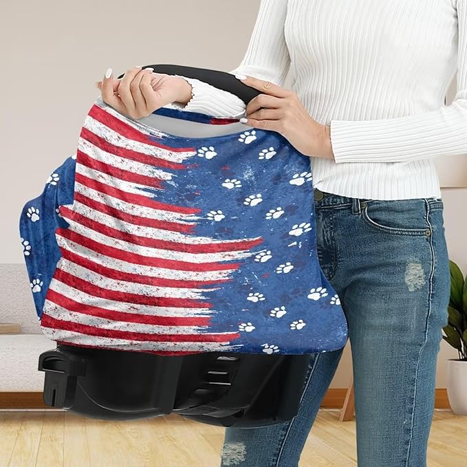 Binienty American Flag Baby Car Seat Covers,Dog Paw Print Baby Car Seat Covers Multi-use Carseat Canopy for Girls Boys, Women's Mom's Nursing Cover Breastfeeding Scarf