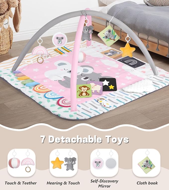 Baby Play Mat Activity Gym, 6 Developmental Zones Tummy Time Mat, 6 Detachable Sensory Toys and Educational Cards, Essential Baby Shower Set, Pink Koala
