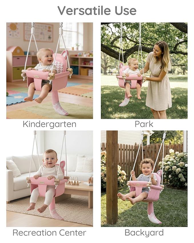 Wooden Baby Swing with Safety Belt - Adjustable Infant & Toddler Swings for Indoor/Outdoor Use, Includes Mounting Hardware (Fox Design, Pink)
