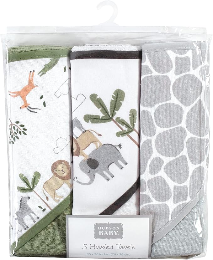 Hudson Baby Unisex Baby Cotton Rich Hooded Towels, Safari Life, One Size