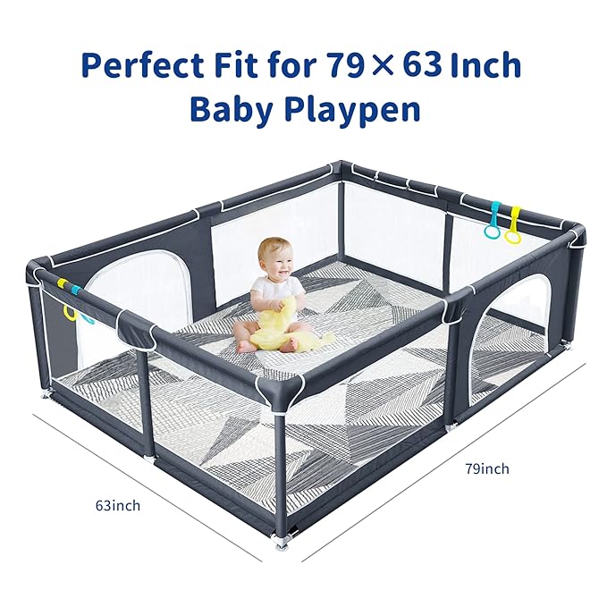TANOSHII® Baby Play Mat for 79"x63" Playpen, Machine Washable Kids Mat, Cotton,Foldable Crawling Mat for Floor,One-Piece Crawling Mat Non Slip Baby Mat for Floor,Portable Travel (Stripe)