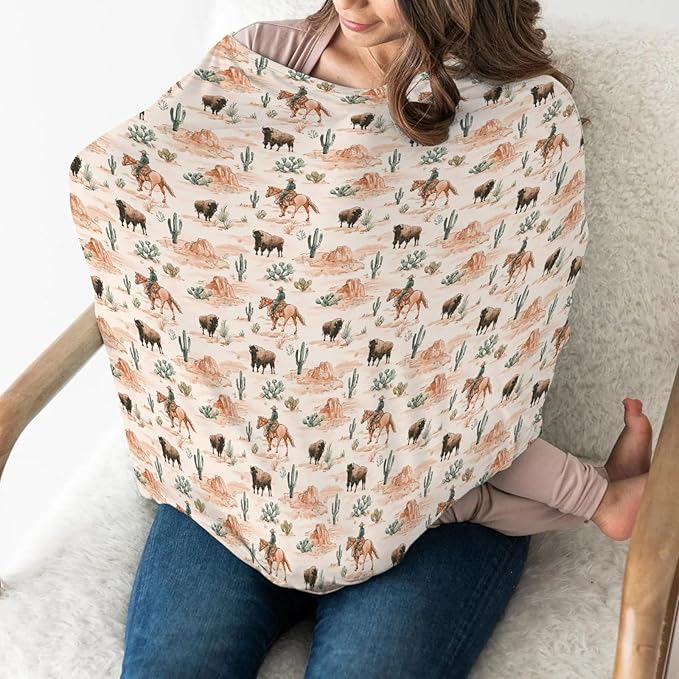 Vintage Cowboy Buffalo Car Seat Covers for Babies Retro Bison Cactus Stretchy 5-in-1 Cover Adjustable Car Canopy Breastfeeding Cover Western Desert Breathable Nursing Cover-Up