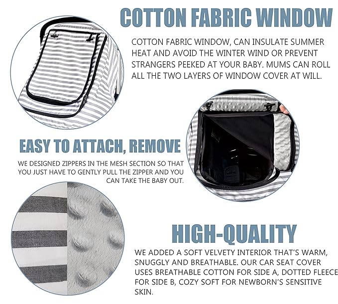 Car Seat Covers for Babies,Baby Car Seat Cover for Boys Girls,Windproof Infant Carseat Cover,Kick-Proof Car Seat Canopy with Breathable Mesh Peep Window,(Grey Stripe)