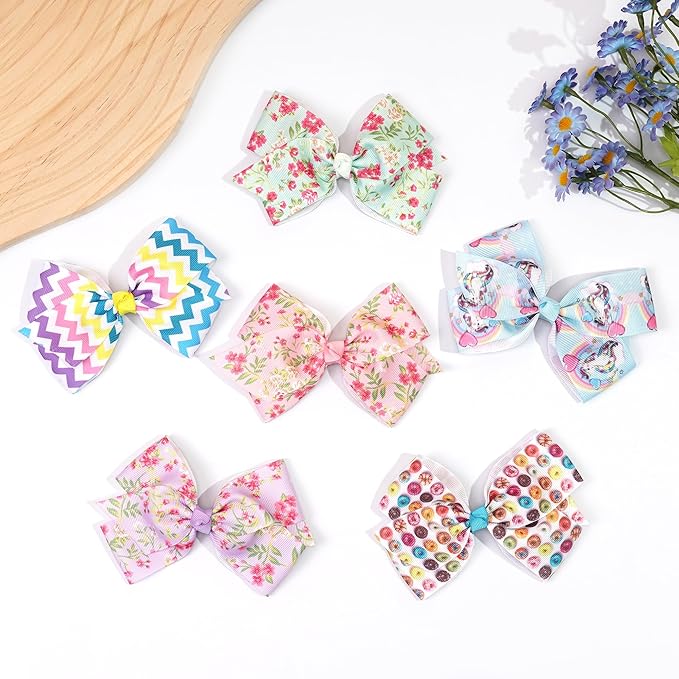 24PCS 4.5Inch Bows for Girls Boutique Grosgrain Ribbon Rainbow Hair Bow Alligator Hair Clips Pigtail Bows Unicorn Hair Clips for Baby Girls Toddler Kids Children Teens in Pairs