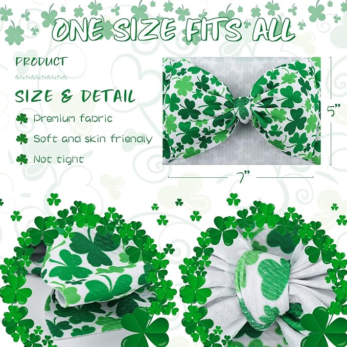 Hairband - St. Patrick's Day 7" Baby Bows Headbands with Clover Print Waffle Material - One Size Fits All - Hair Accessories for Infant Toddler - Gift Idea