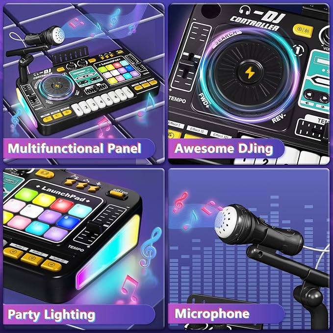 OZMI Kids DJ Music Mixer Table Board Set Toy with Microphone, Lights – Interactive Musical Toys for Ages 3-12 | 100+ Sounds, Piano Keys, Disco Mode, Rechargeable for Kids Boys & Girls