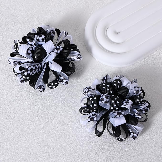 Soccer Korker Hair Bows for Girls,4pcs Black White Football Sport Curly Ribbon Alligator Clips for Soccer Team Moms Gifts Player Fans Game Day Cheer Dress Decoration Accessories