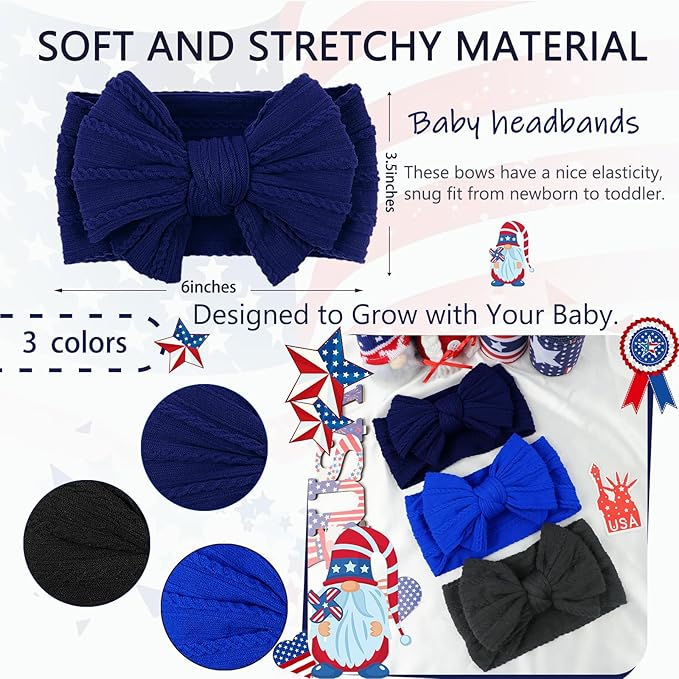 LemonSpace Handmade Baby Headband Bows Nylon Blue Bow for Newborn girls Police Day Hair Accessories Infant Girls Hair Bows Flag Blue and Black Stretchy Soft Baby girl Bows Infant Toddlers Headwrap