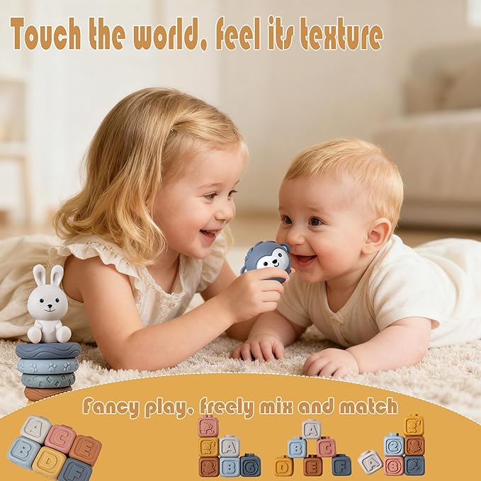 3 in 1 Baby Toys Bundle,Soft Stacking Building Blocks,Teething Ring & Sensory Balls for Newborn to 18 Months| Soft Textured Design,Perfect for Sensory Development, Motor Skills (Family Edition)